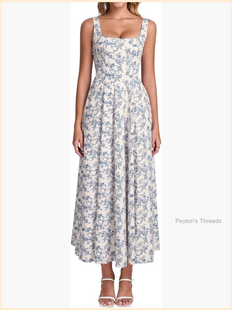 Floral Lace Up Corset Midi Dress Square Neck A-Line Flowy Wedding Guest Dress